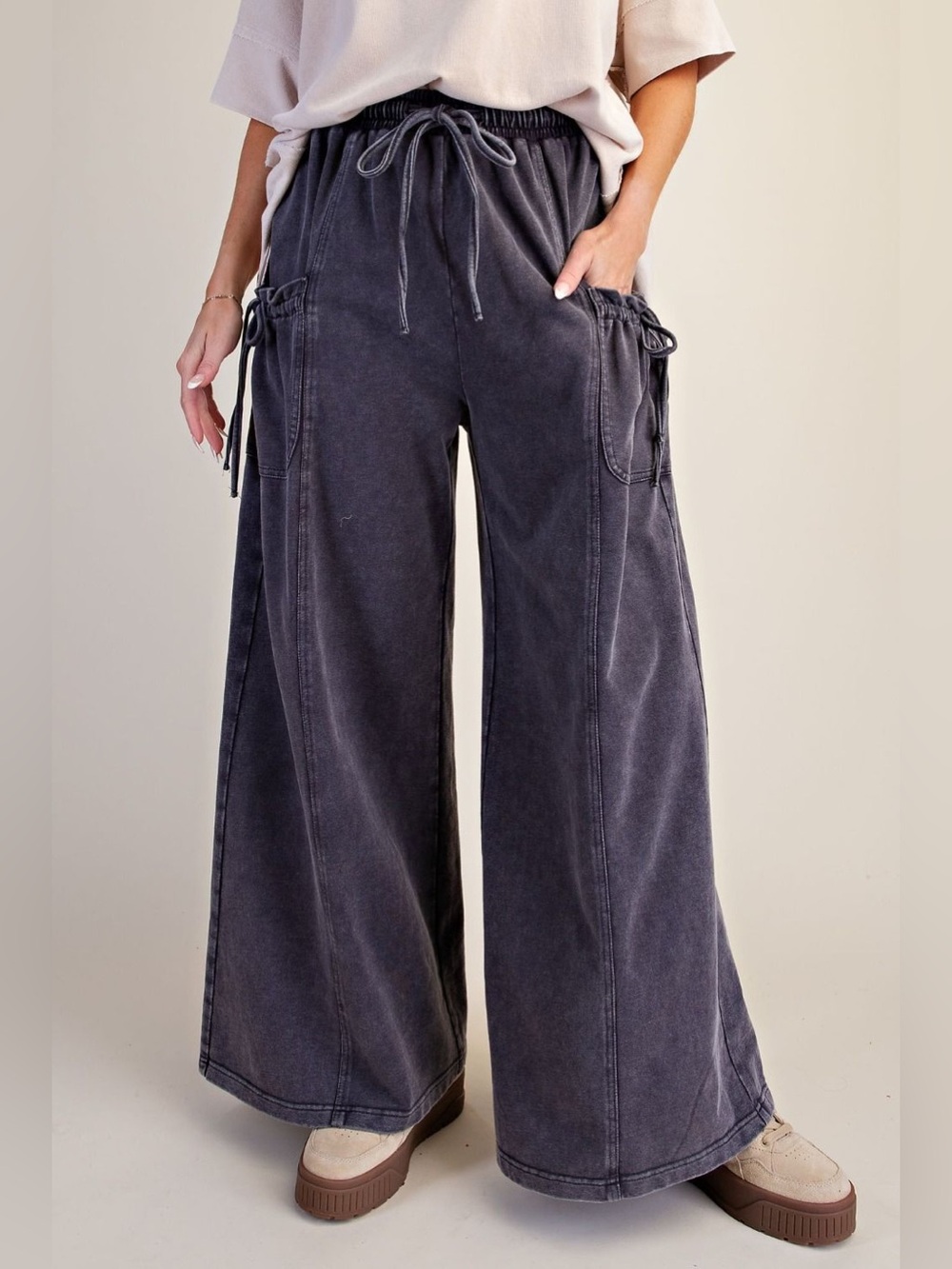 Easel Ash 100% Cotton Mineral Washed Terry Pants With Large Cargo Pockets